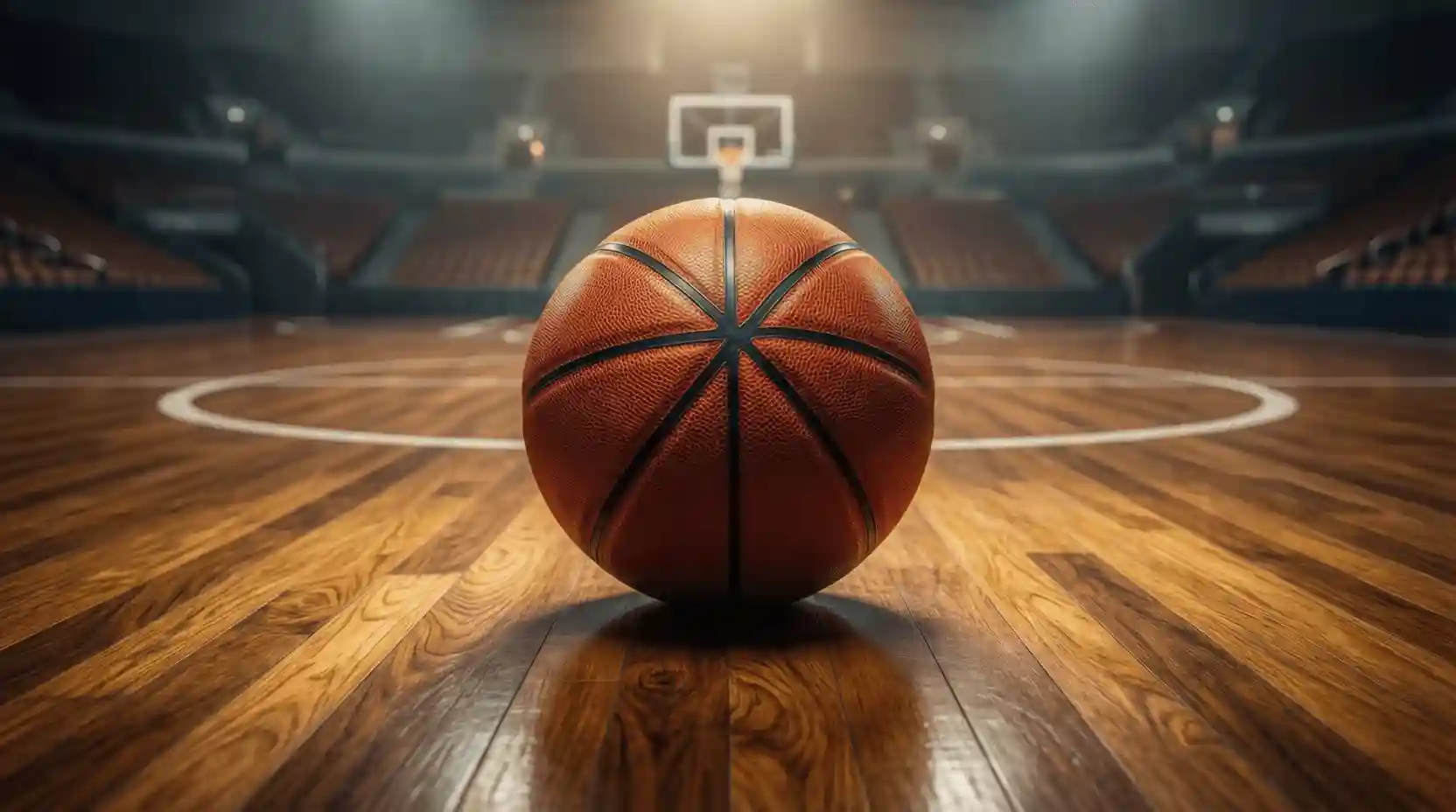 Balón de baloncesto sobre cancha de madera iluminada en un pabellón deportivo