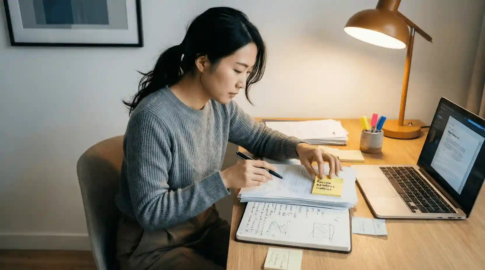Persona organizando notas y documentos de análisis deportivo