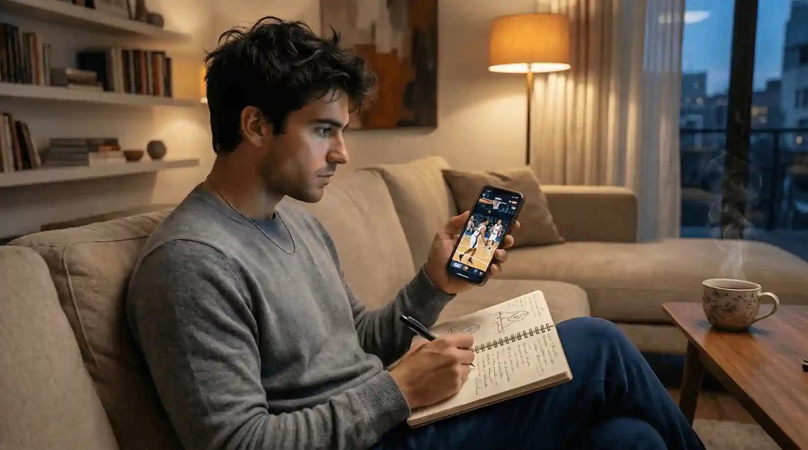 Aficionado viendo partido de baloncesto en su móvil tomando notas