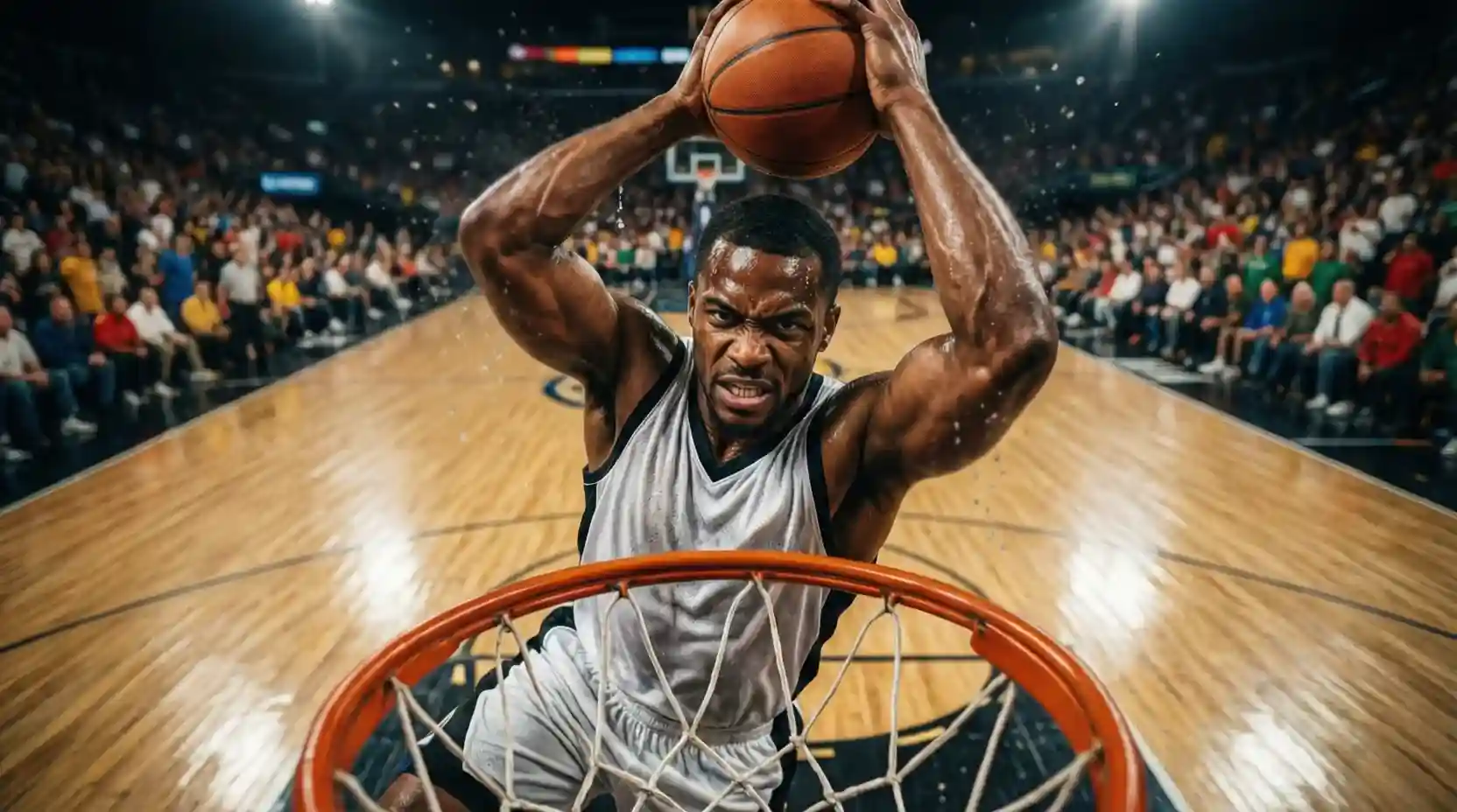 Jugador de baloncesto NBA realizando un mate espectacular