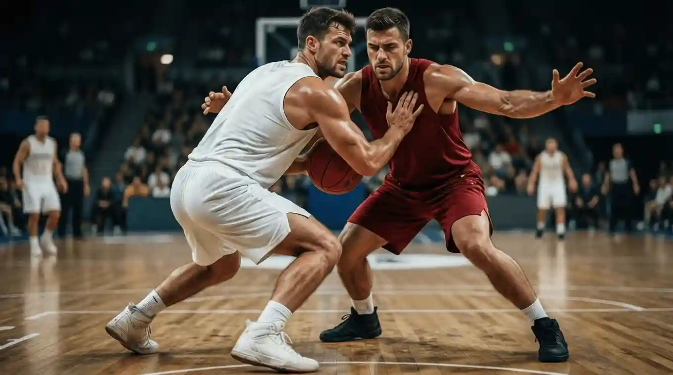 Jugadores de baloncesto ACB disputando un balón en el poste bajo