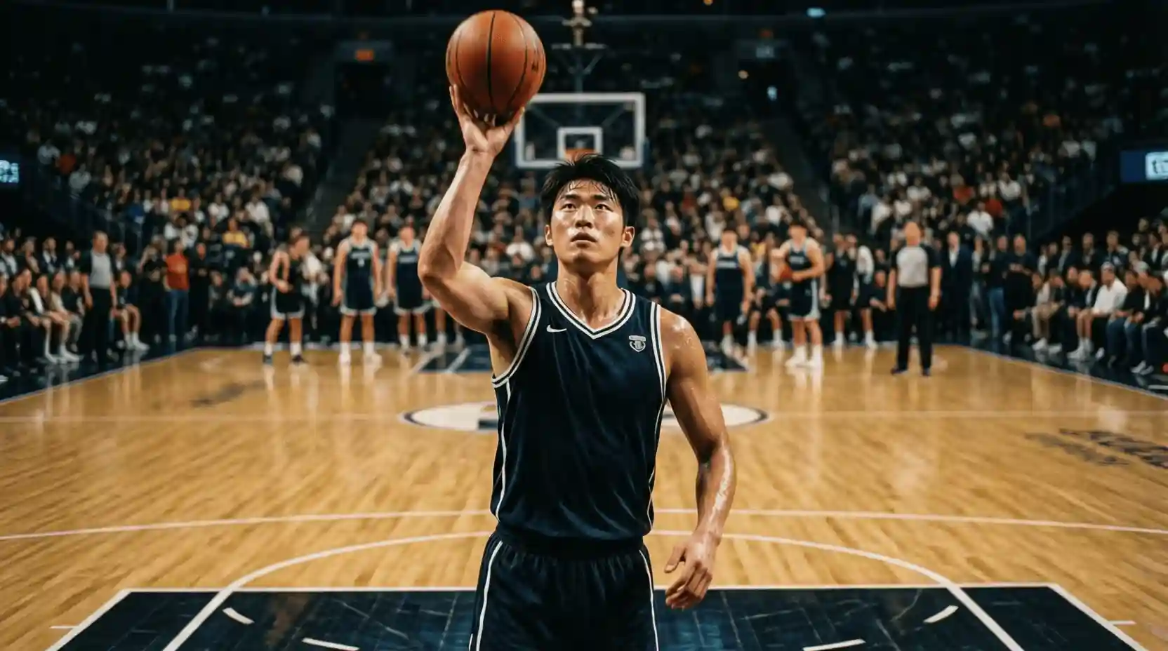 Jugador de baloncesto ejecutando un tiro libre en cancha