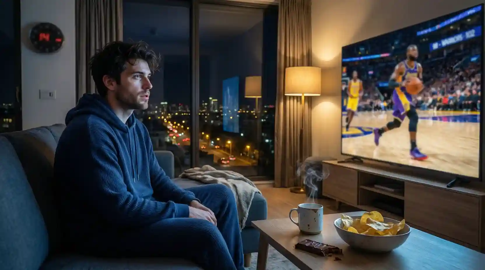 Persona en España viendo partido de NBA en televisión de noche