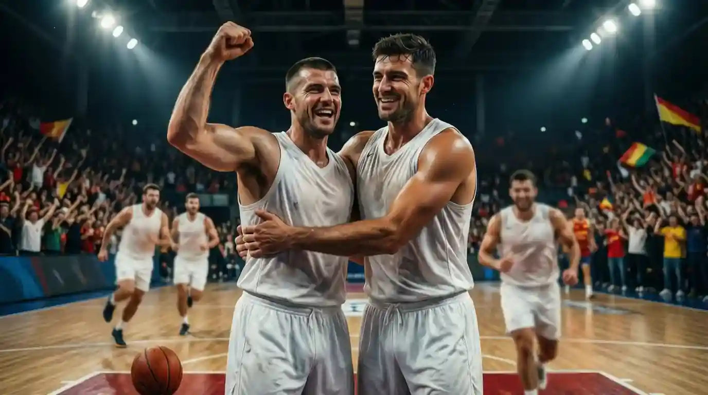 Jugadores de baloncesto español celebrando una canasta
