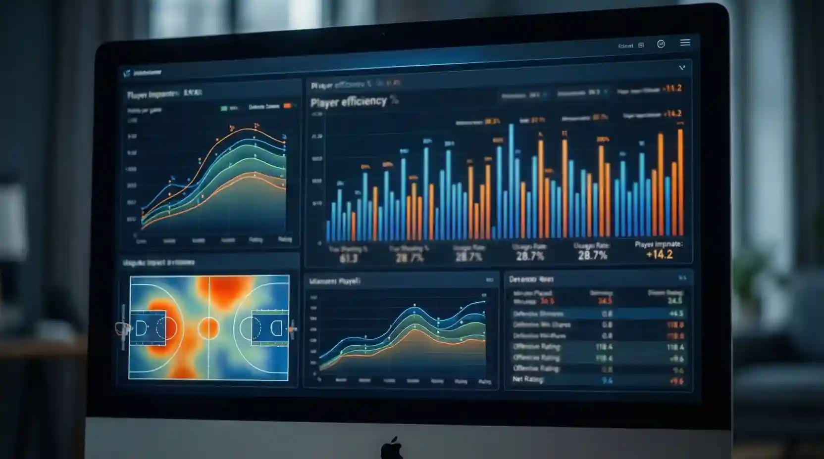 Gráficos y estadísticas de rendimiento de baloncesto en pantalla