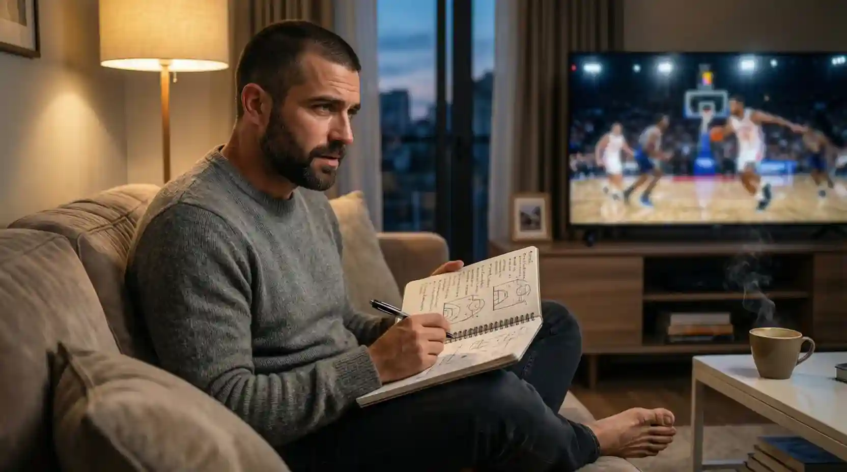 Aficionado analizando partido de baloncesto con libreta de notas
