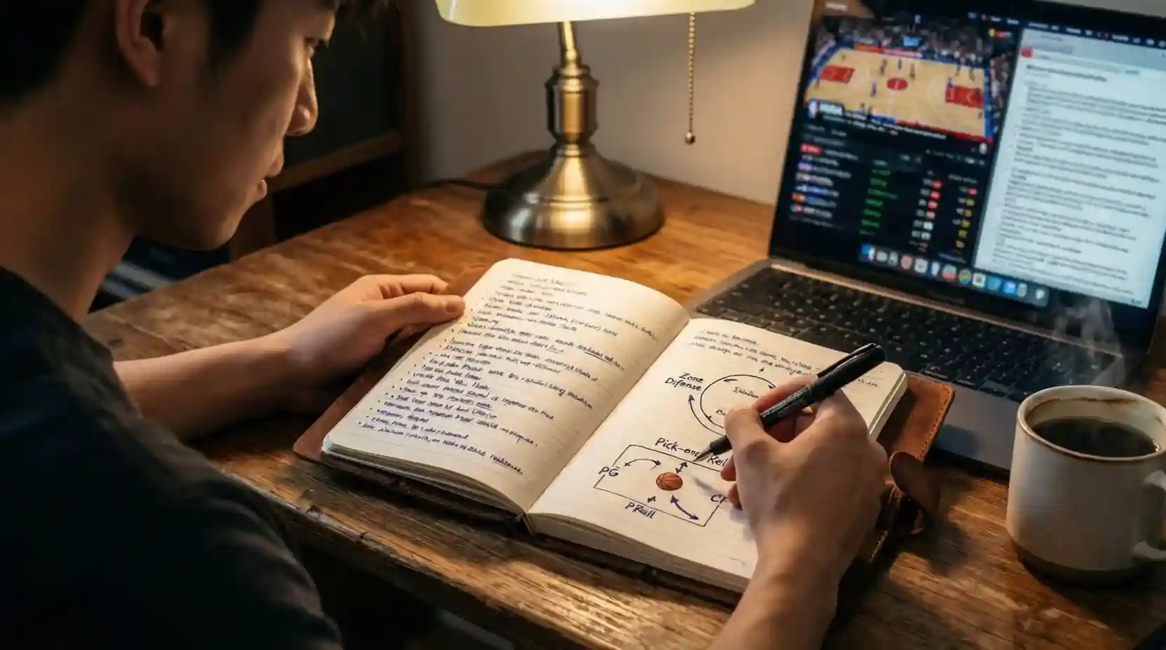 Persona tomando notas en libreta mientras analiza baloncesto