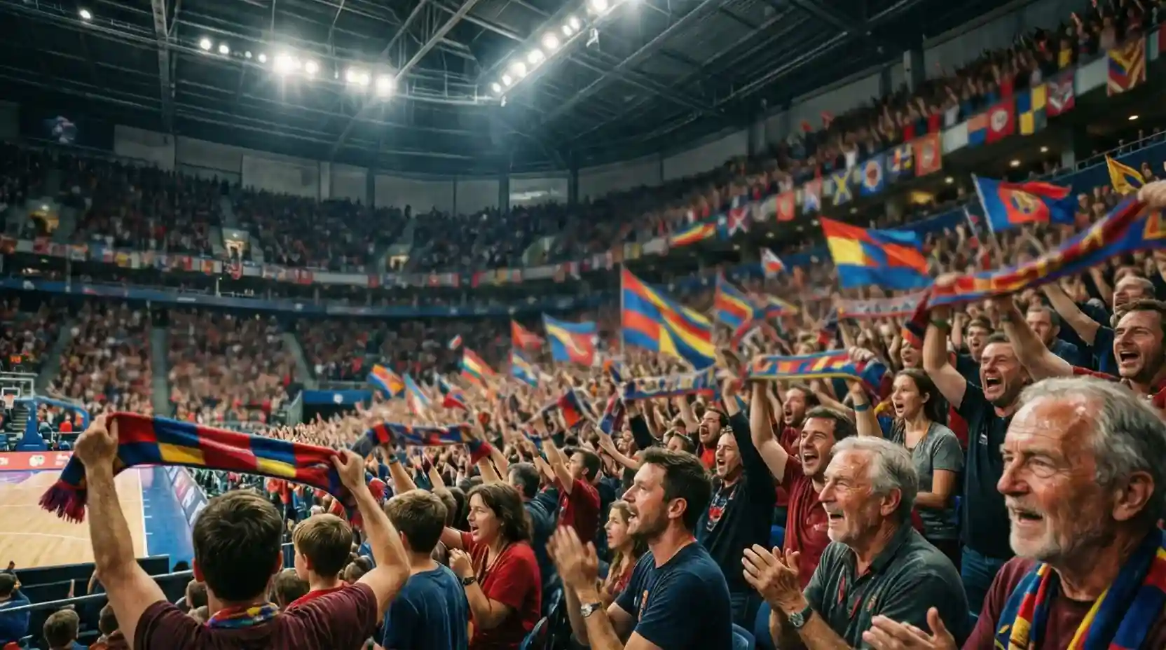 Pabellón de baloncesto europeo con aficionados animando con banderas