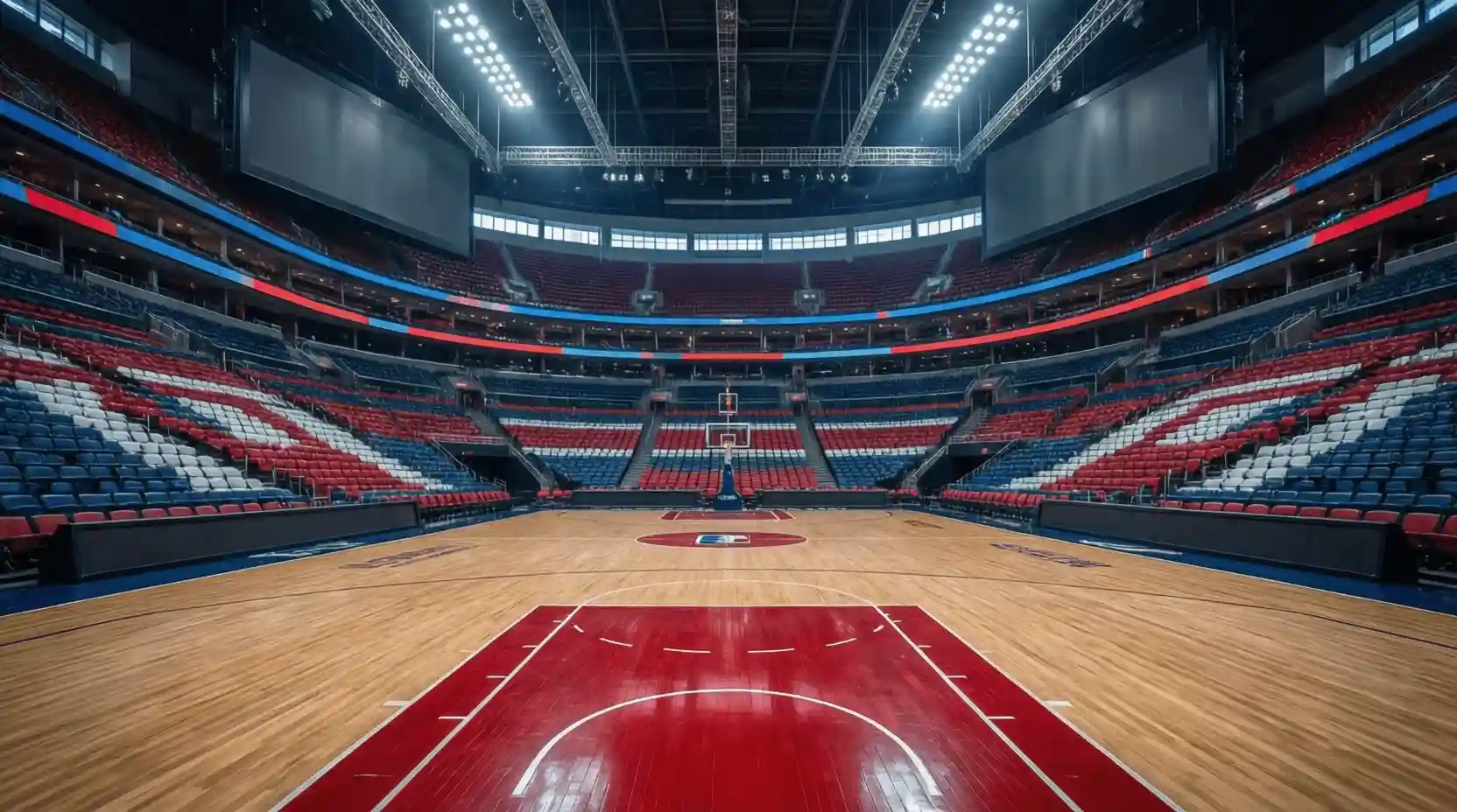 Cancha de baloncesto NBA vista desde las gradas superiores