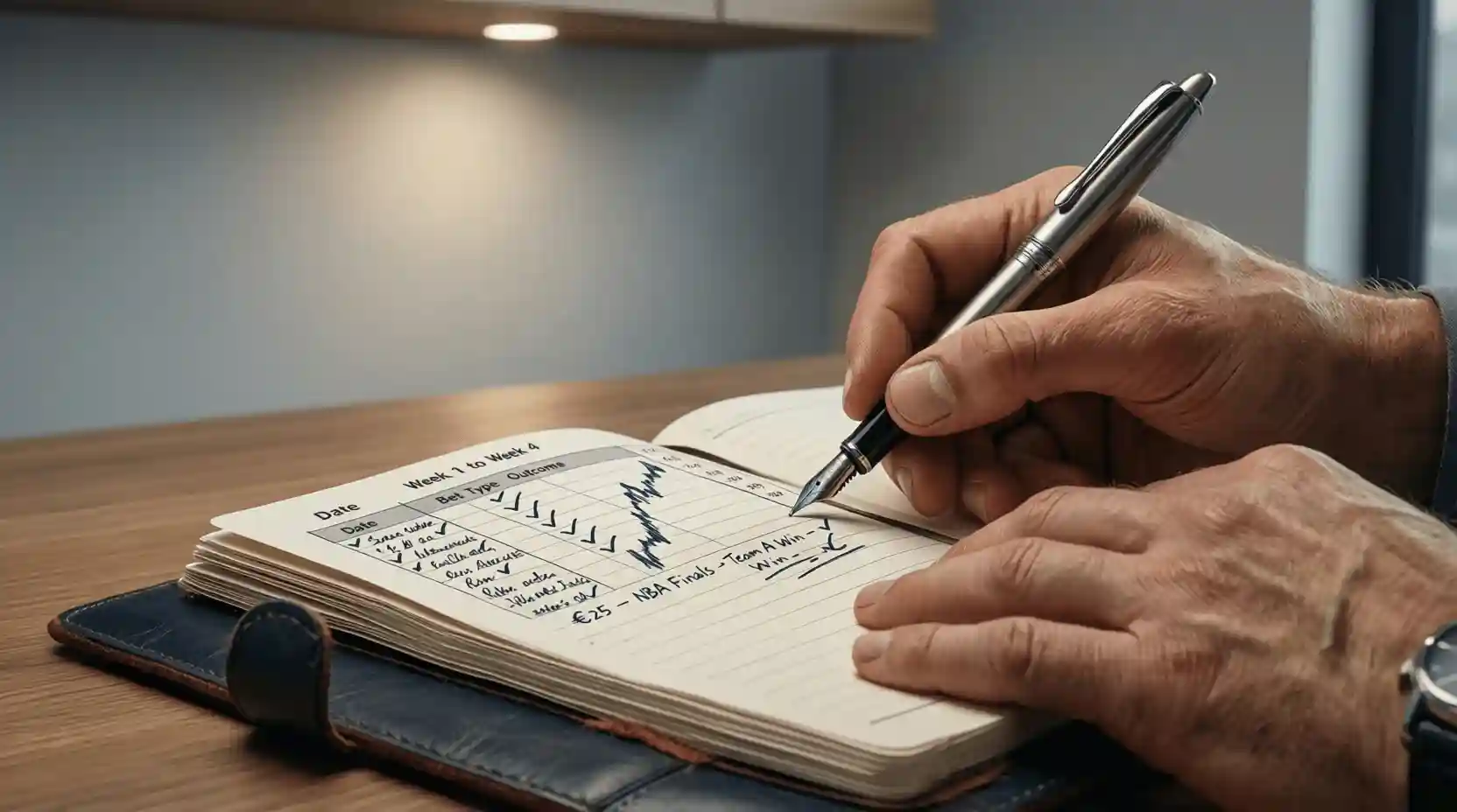 Persona escribiendo en un cuaderno con gráficos de seguimiento y símbolos de euro