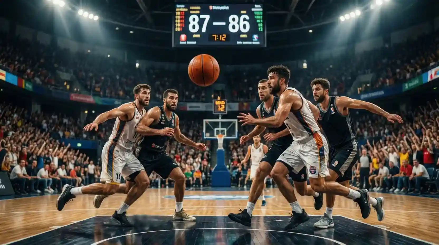 Partido de baloncesto profesional con marcador electrónico visible