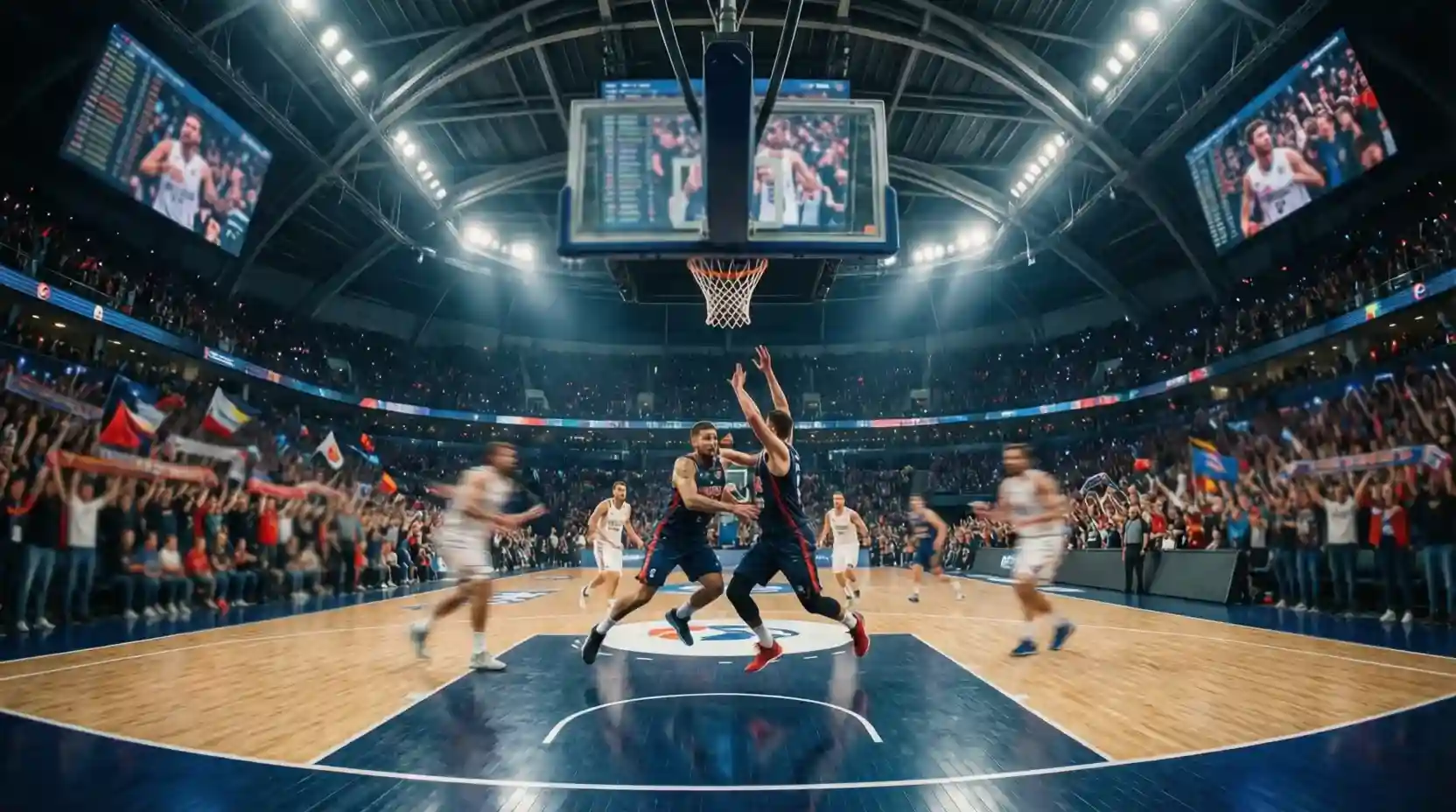 Partido de Euroliga de baloncesto en pabellón europeo lleno de público