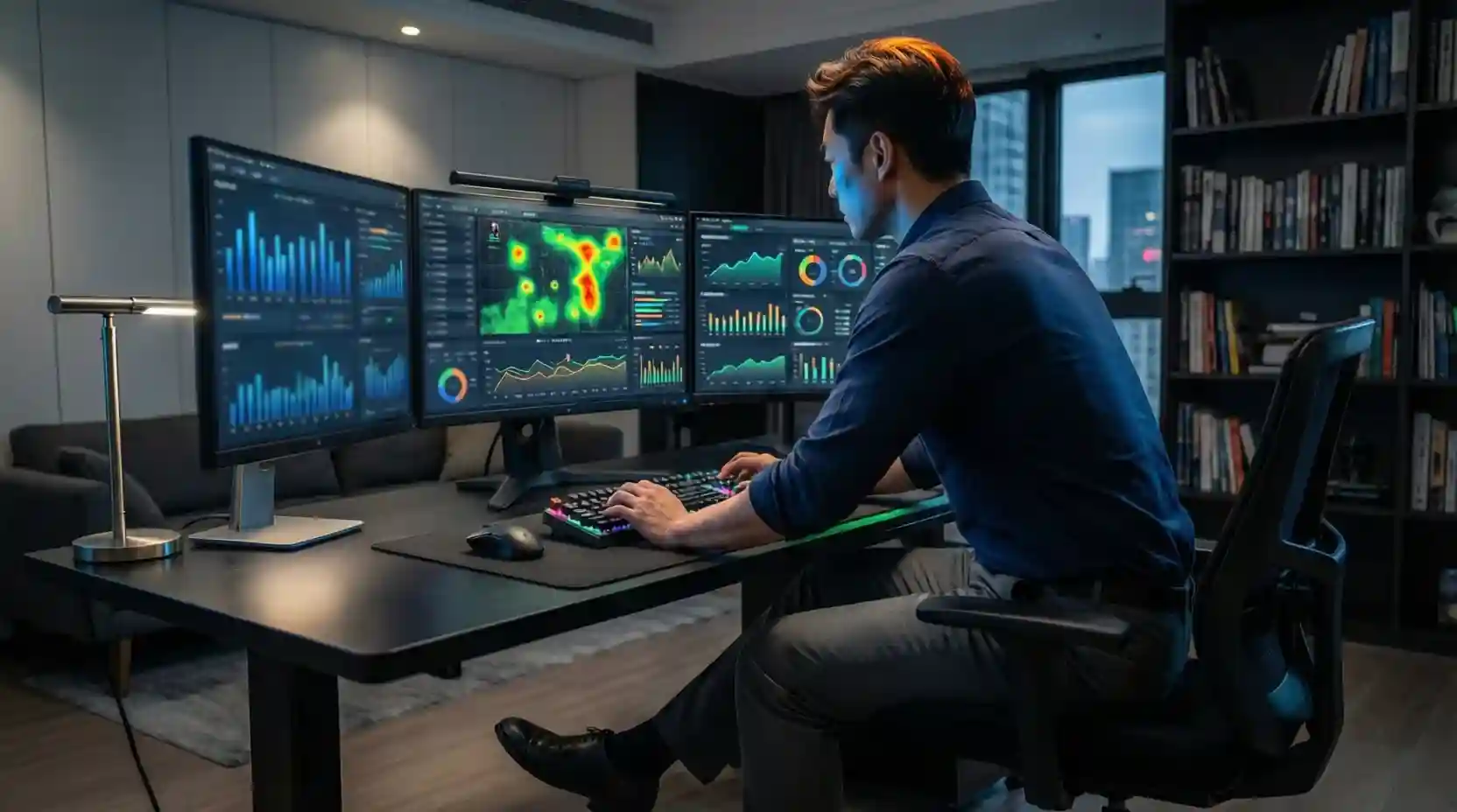 Analista deportivo trabajando con múltiples pantallas de datos