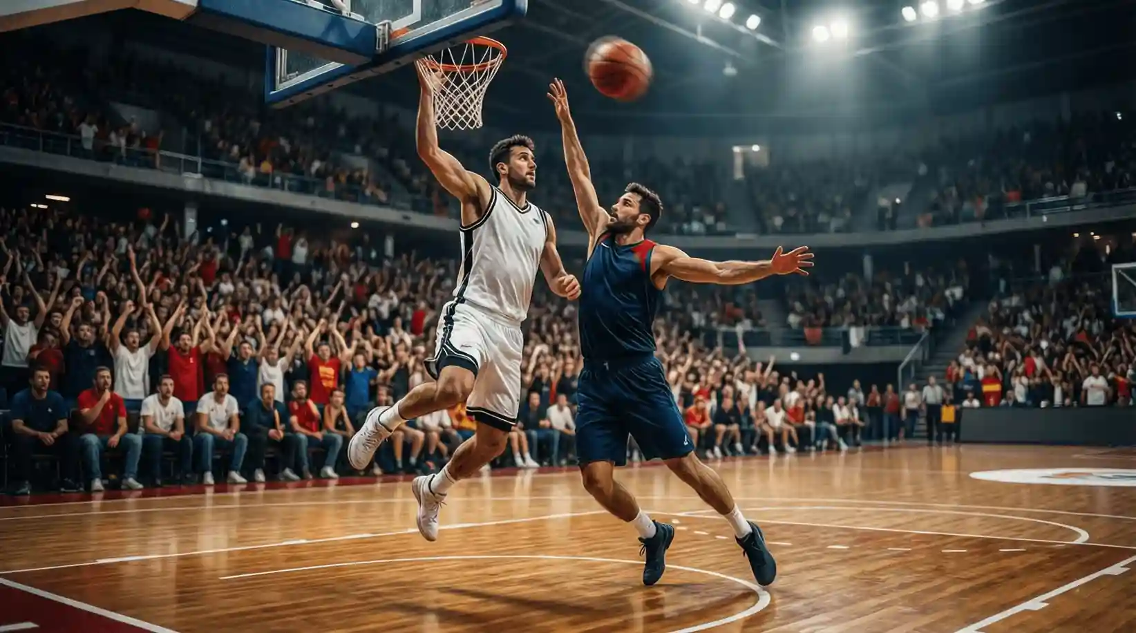 Partido de baloncesto en la Liga ACB con jugadores en acción bajo los aros