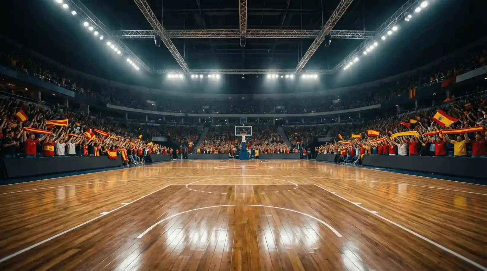 Pabellón de baloncesto español con aficionados animando en las gradas