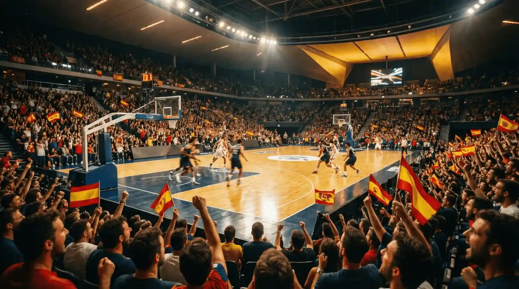 Pabellón de baloncesto lleno de aficionados durante un partido de la Liga ACB