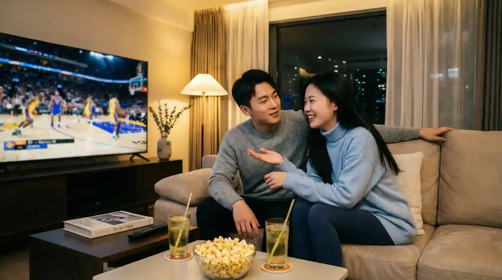 Aficionado viendo baloncesto en casa de forma relajada con familia
