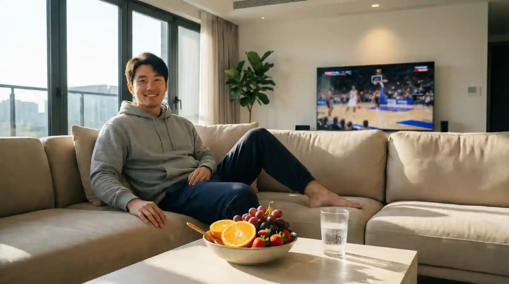 Persona disfrutando de un partido de baloncesto en ambiente relajado