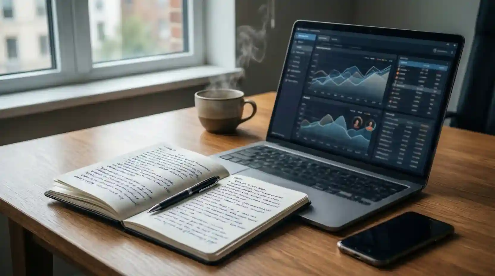 Pantalla mostrando estadísticas de baloncesto junto a un cuaderno de notas con análisis
