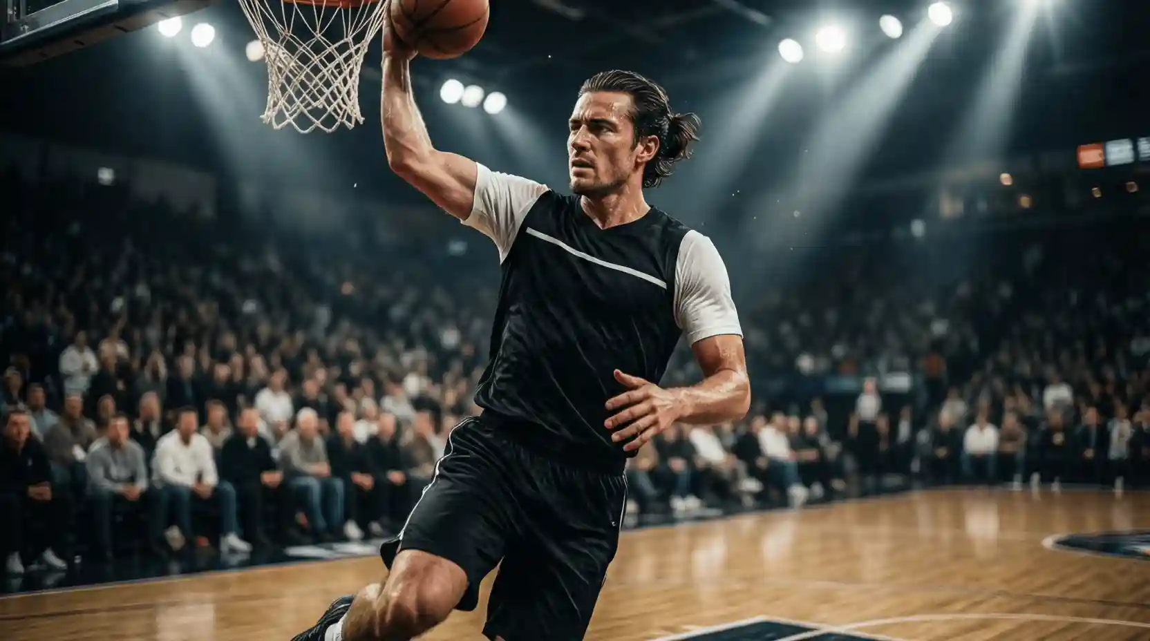 Jugador de baloncesto realizando un tiro a canasta durante un partido profesional